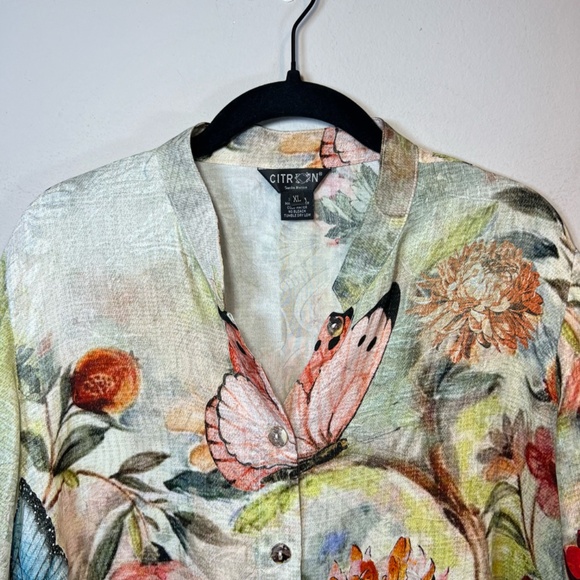 Citron Santa Monica Chrysanthemum Butterfly Silk Blend Button Up Blouse Shirt XL - Picture 3 of 14